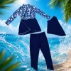 Tropical plant printed long-sleeved top, dark blue wrap skirt, long pants, shawl set, summer casual and fashionable women's clothing Specification image